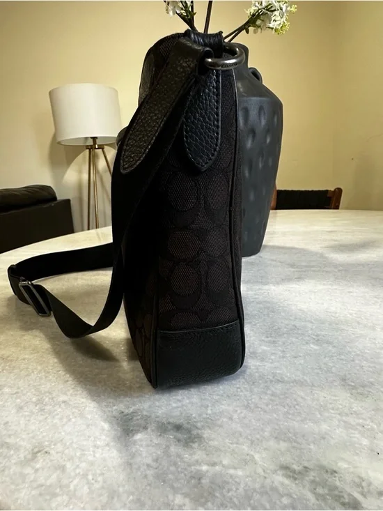 Coach Black Signature Messenger Bag with Brown Center Stripes - Picture 7 of 8